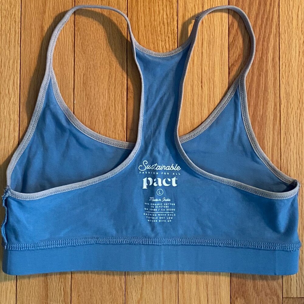 Pact Organic Cotton Racer Back Sports Bra  Blue and Gray Size Large